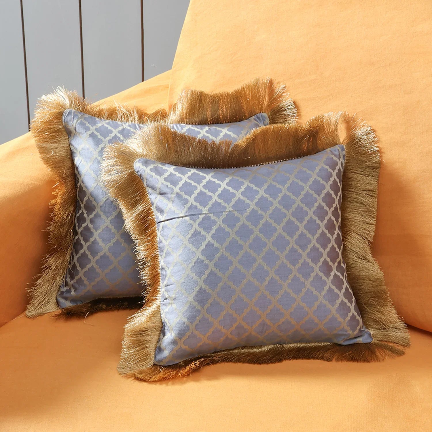 Jacquard Cushion Cover, Grey & Golden, 12x12 ,Set of 2 - Eyaas