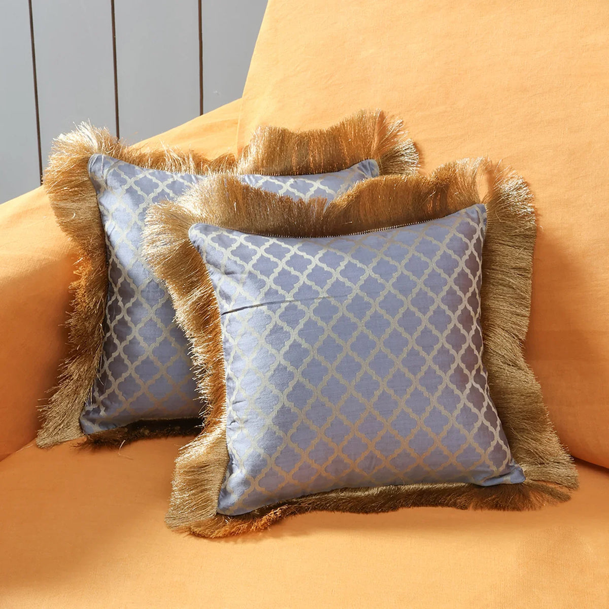 Jacquard Cushion Cover, Grey & Golden, 12x12 ,Set of 2 - Eyaas