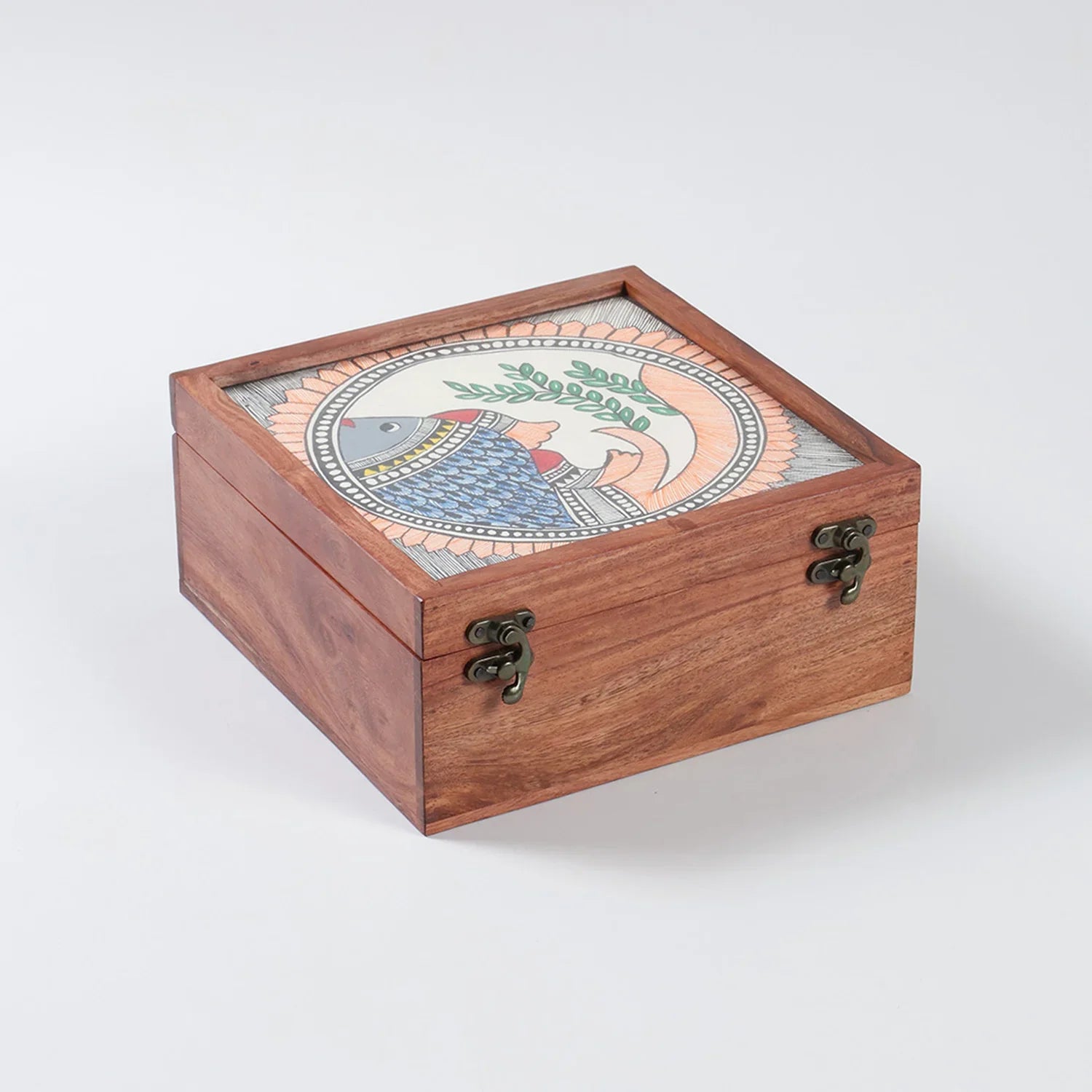 Madhubani Hand-Painted Square Wooden Box