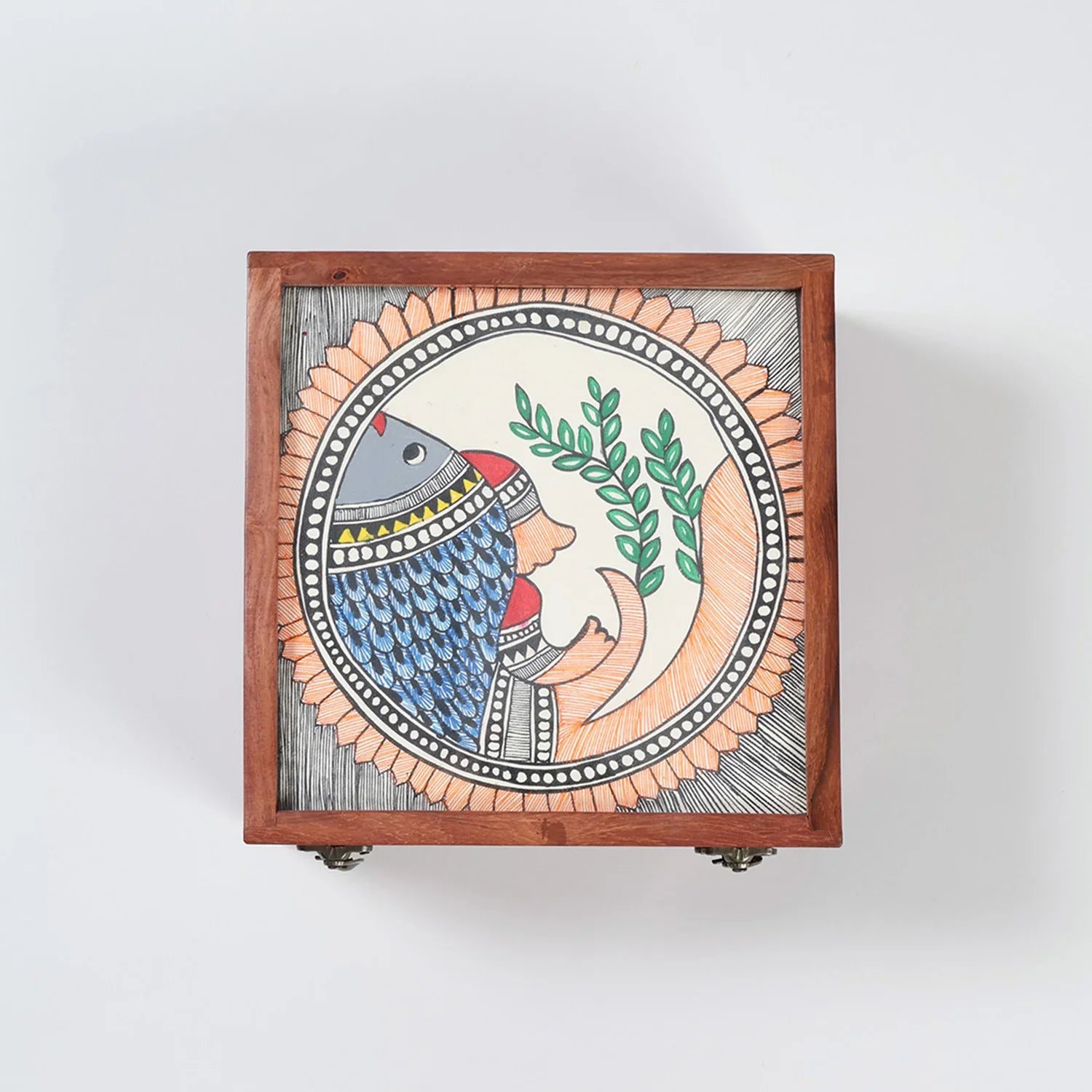 Madhubani Hand-Painted Square Wooden Box
