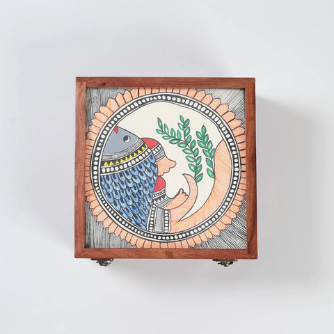 Madhubani Hand-Painted Square Wooden Box - Eyaas