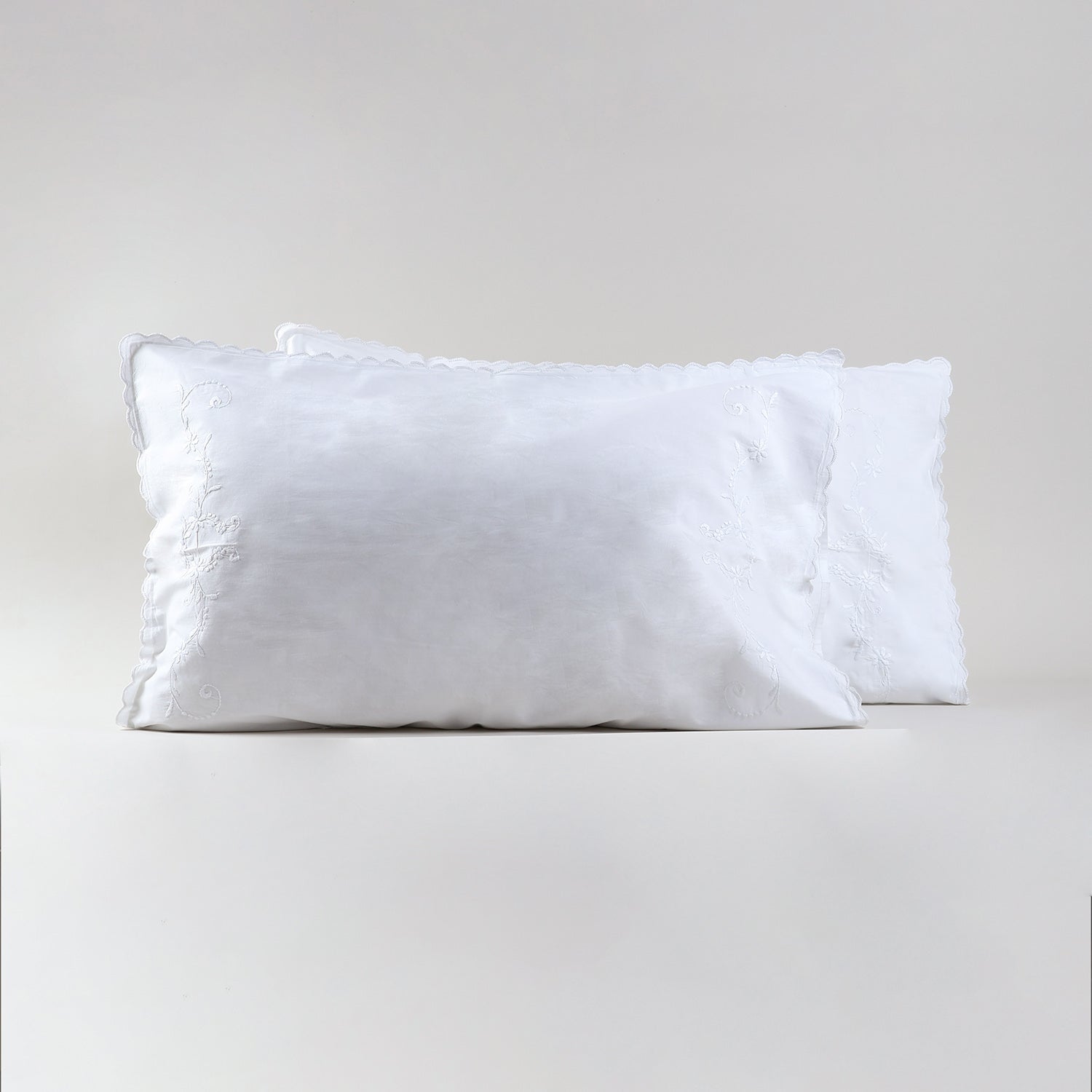 White Floral Vine Embroidered Pillow Case Set of 2
