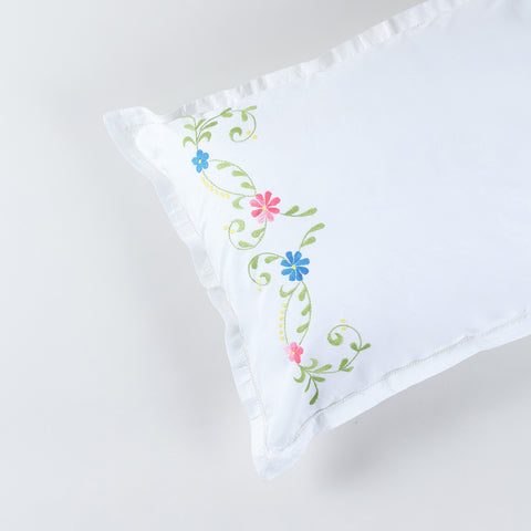 Multi-Coloured Floral Vine Embroidered Pillow Case Pair