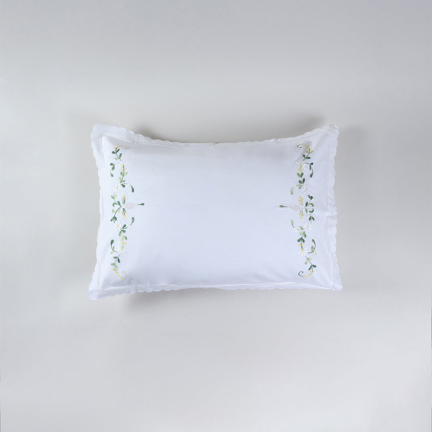 Embroidered Pillow Case Set of 2, White & Green