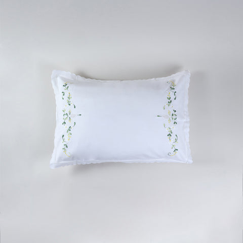 Embroidered Pillow Case Set of 2, White & Green
