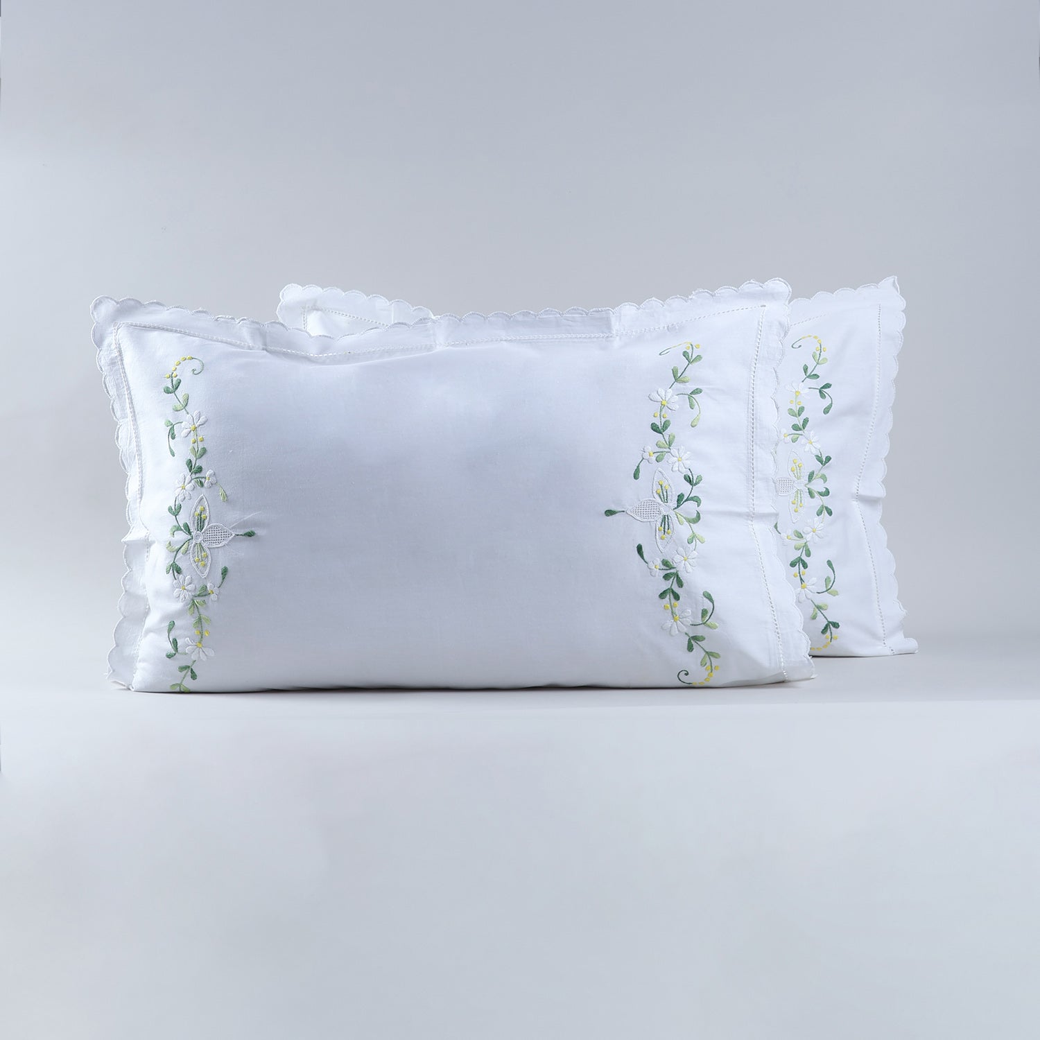 Embroidered Pillow Case Set of 2, White & Green