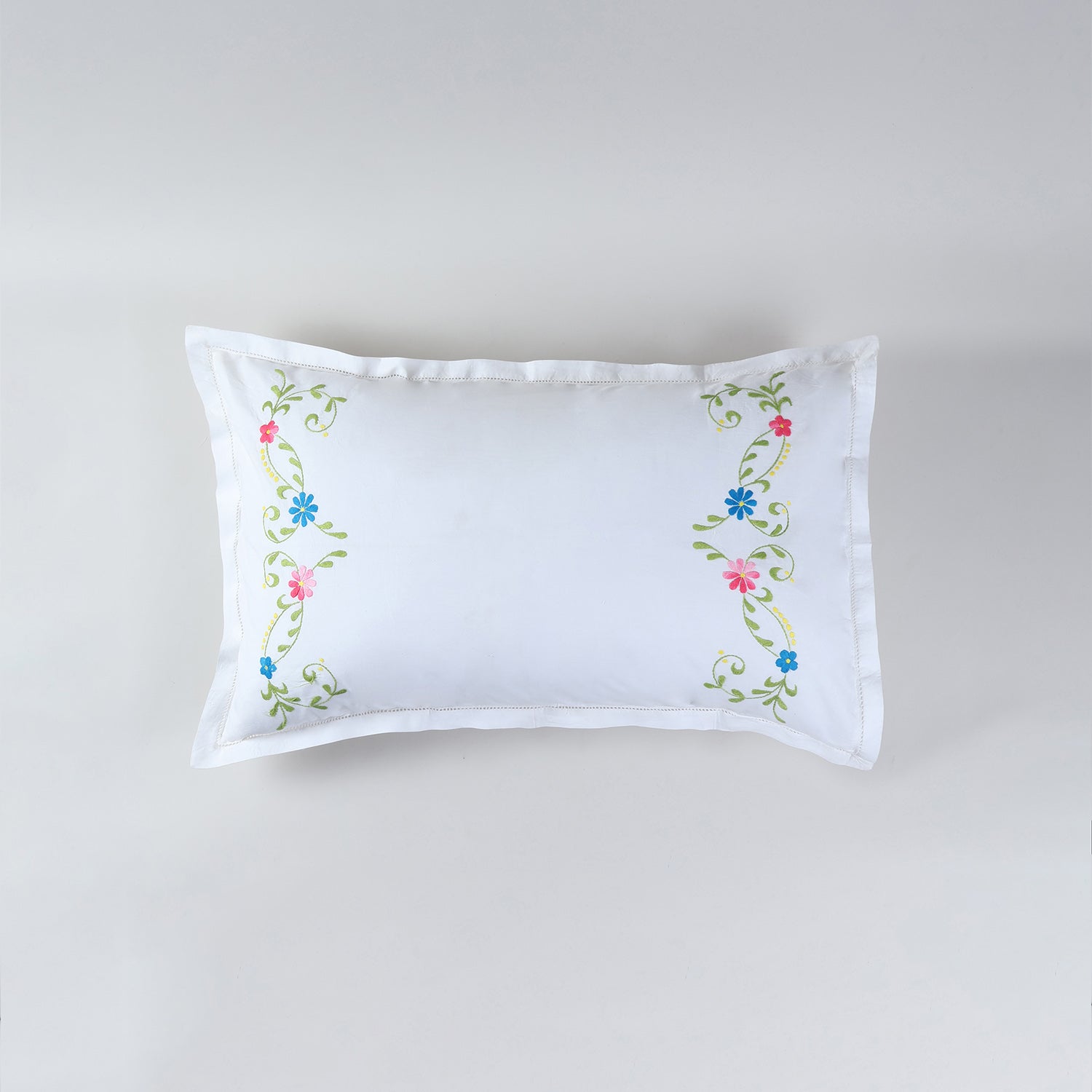 Multi-Coloured Floral Vine Embroidered Pillow Case Pair
