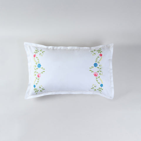 Multi-Coloured Floral Vine Embroidered Pillow Case Pair