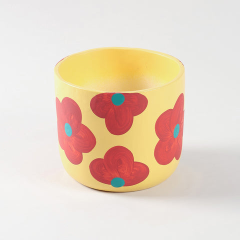 Retro Floral Yellow Ceramic Flower Pot Large 5.5 x 6 Inches