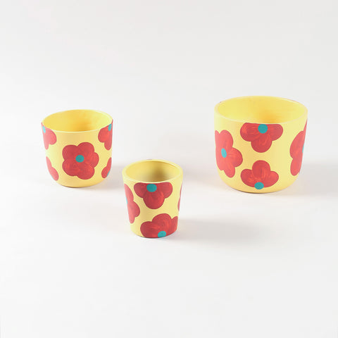 Retro Floral Yellow Ceramic Flower Pot Set