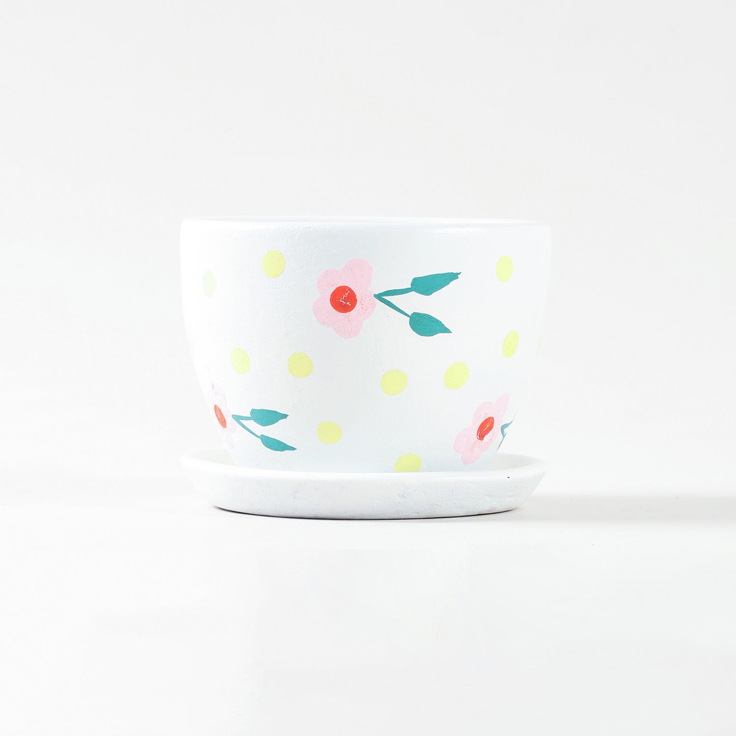 Pink Blossom White Ceramic Flower Pot with Tray 3x3.5 Inches