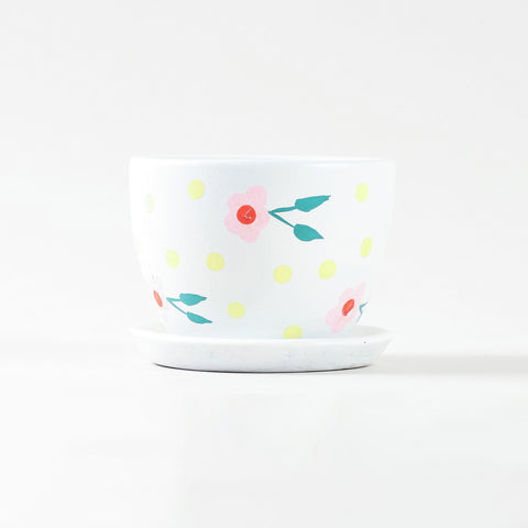 Pink Blossom White Ceramic Flower Pot with Tray 3x3.5 Inches