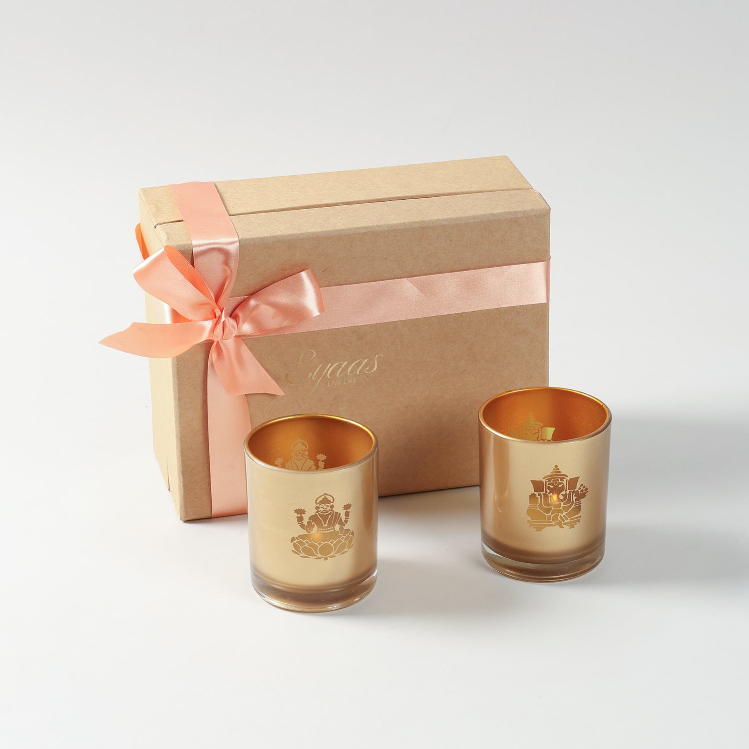 Ganesh Laxmi Etched Glass Tea-Light Holders Gift Set