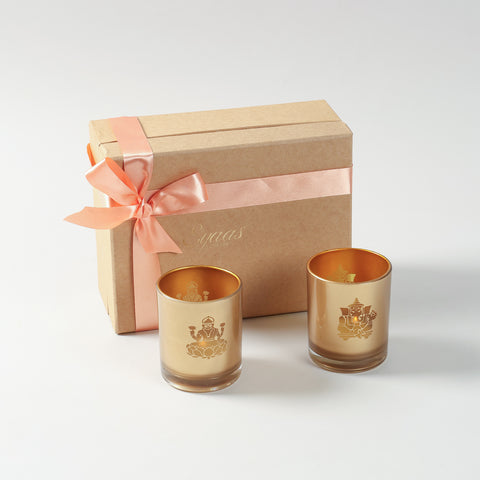 Ganesh Laxmi Etched Glass Tea-Light Holders Gift Set