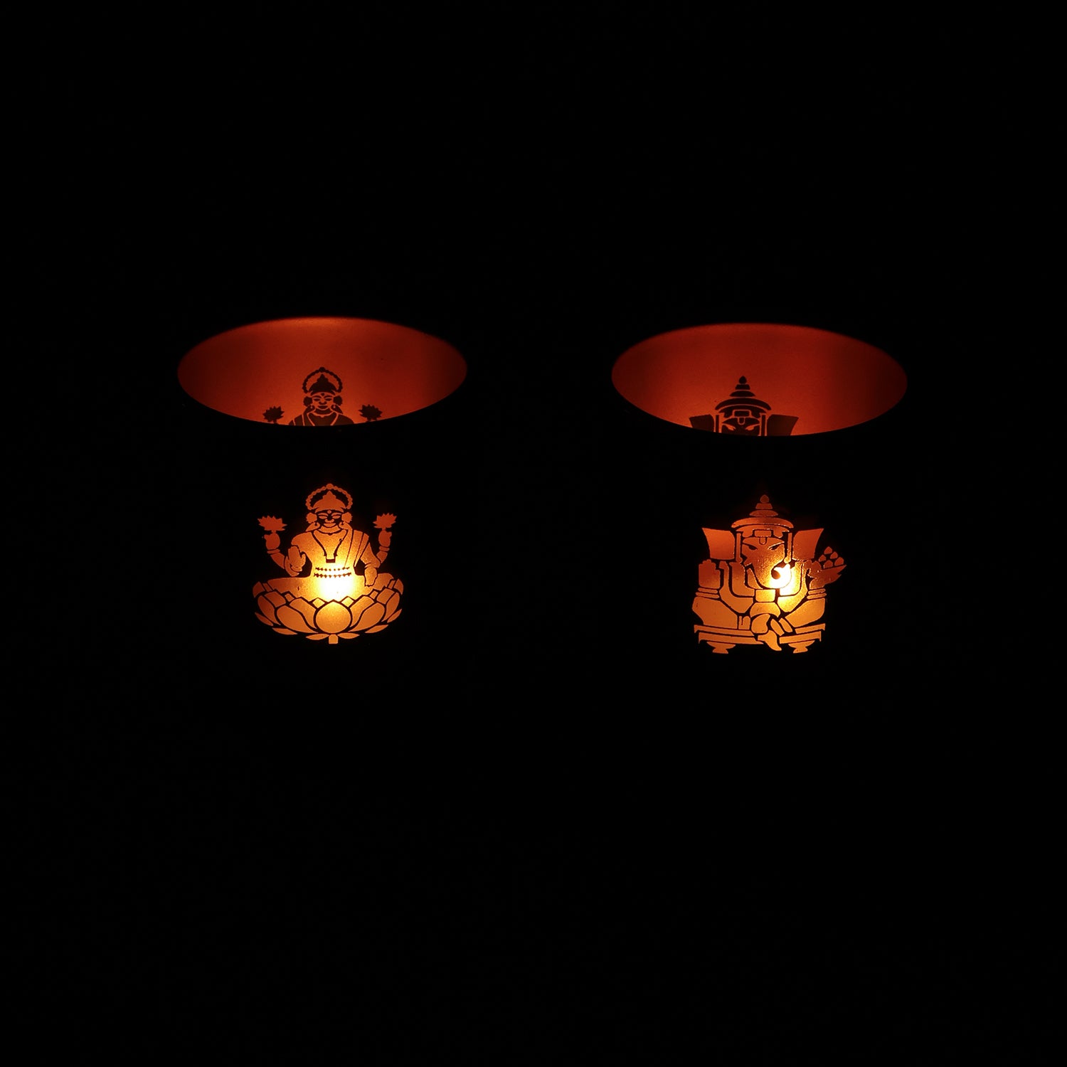 Ganesh Laxmi Etched Glass Tea-Light Holders Gift Set
