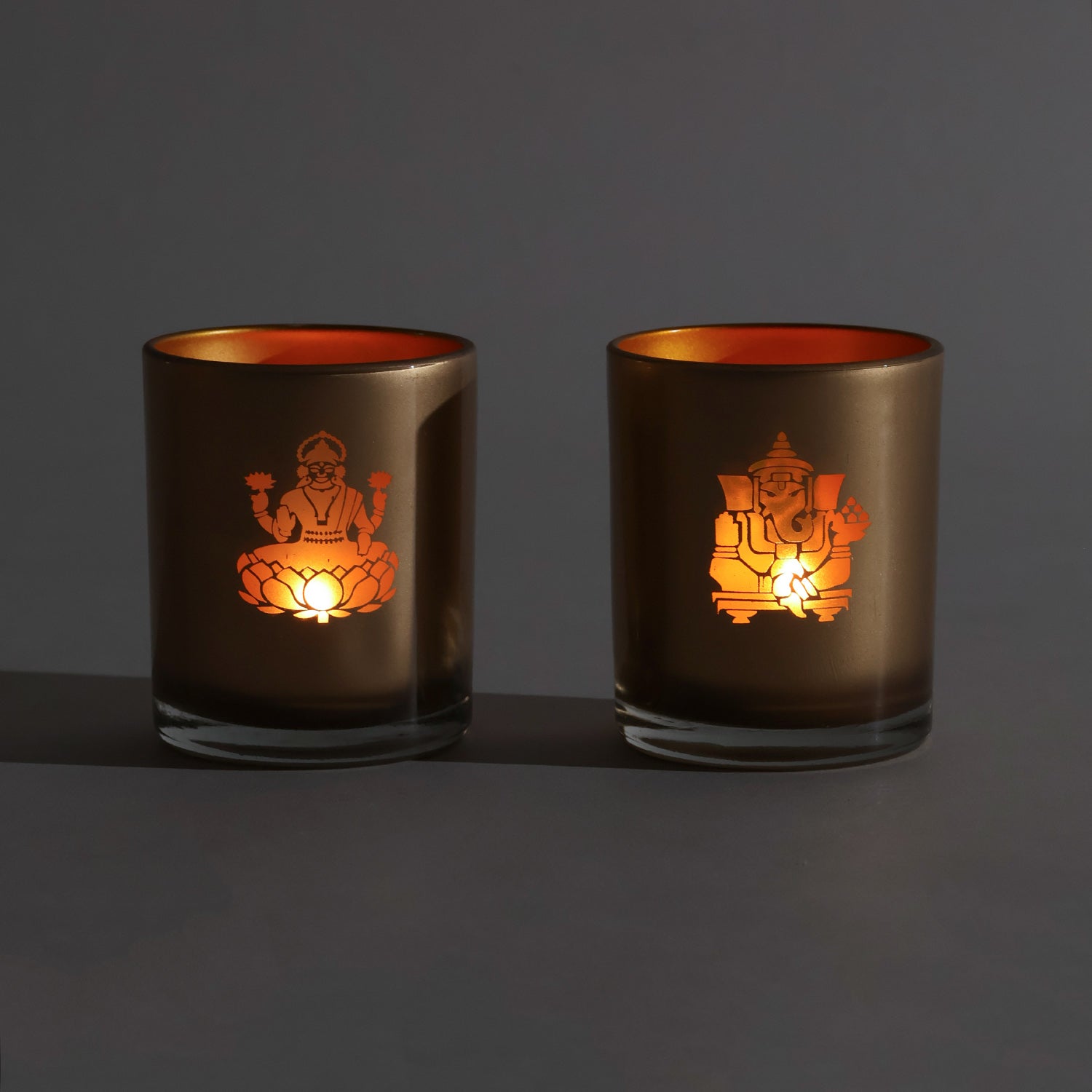 Ganesh Laxmi Etched Glass Tea-Light Holders Gift Set