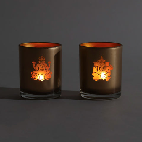 Ganesh Laxmi Etched Glass Tea-Light Holders Gift Set