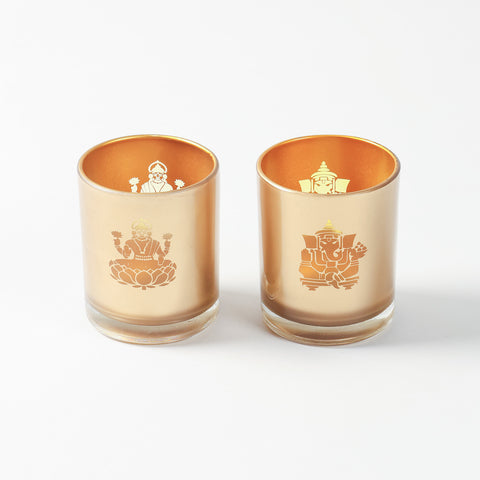 Ganesh Laxmi Etched Glass Tea-Light Holders Gift Set