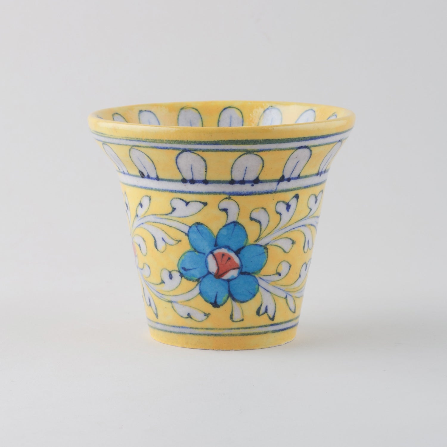 Yellow & Blue Bell Shaped Blue Pottery Planter 4.5x3.75 Inches