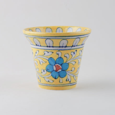 Yellow & Blue Bell Shaped Blue Pottery Planter 4.5x3.75 Inches