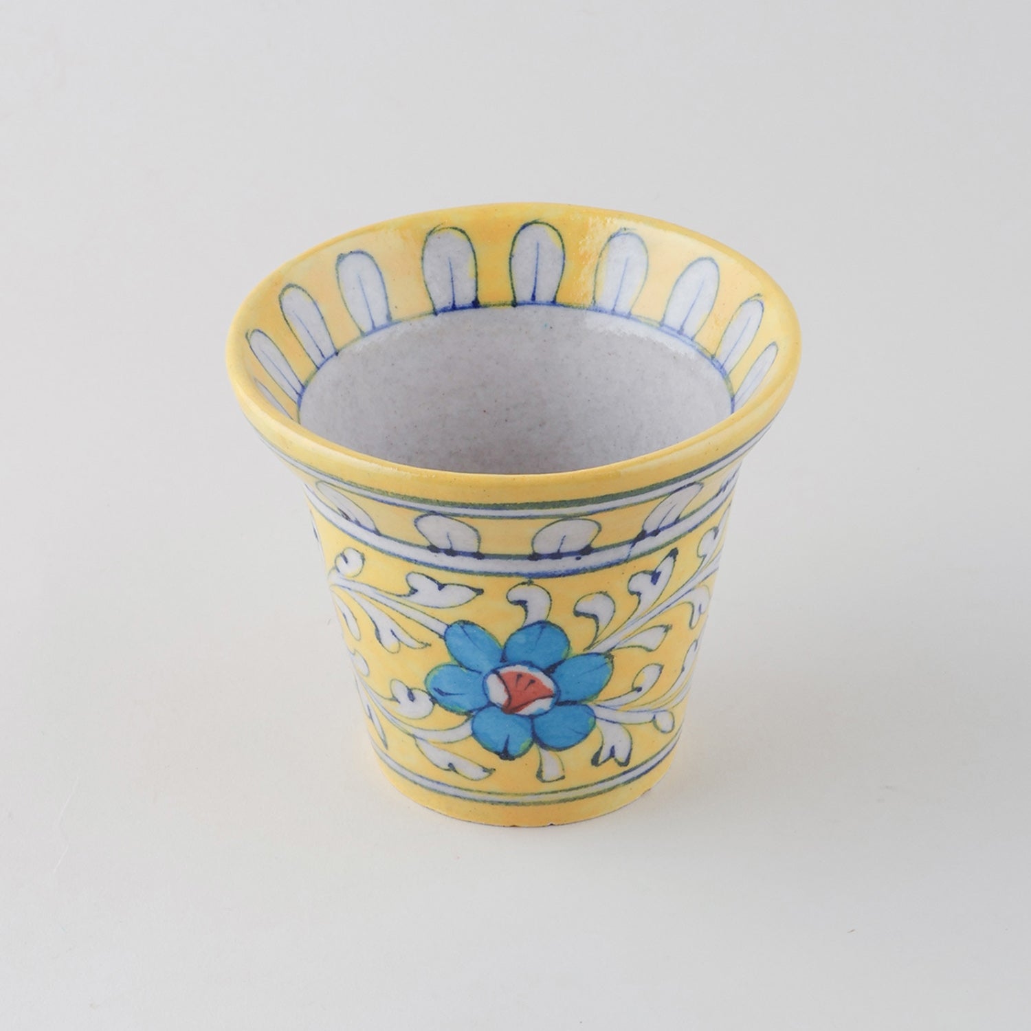 Yellow & Blue Bell Shaped Blue Pottery Planter 4.5x3.75 Inches
