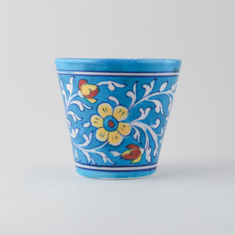 Light Blue & Yellow Conical Blue Pottery Planter 5x4.5 Inches