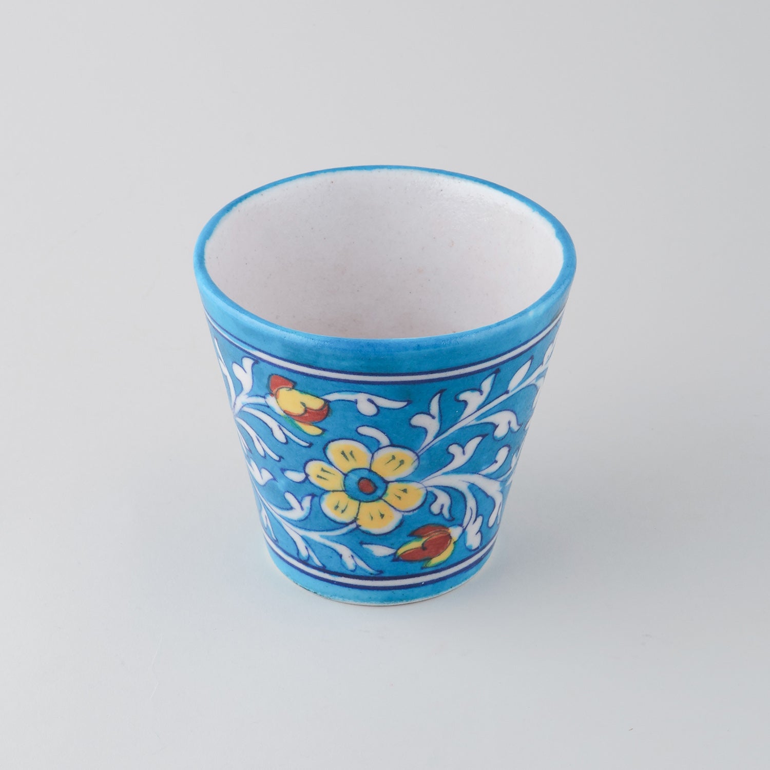 Set of 2 Conical Blue Pottery Planters - Yellow & Light Blue
