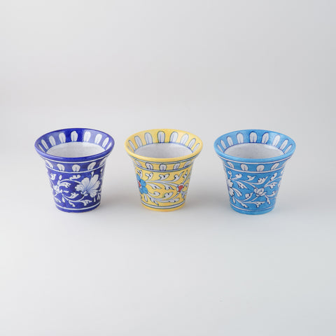 Set of 3 Blue Pottery Planters - Yellow, Indigo & Light Blue 4.5x3.75 Inches