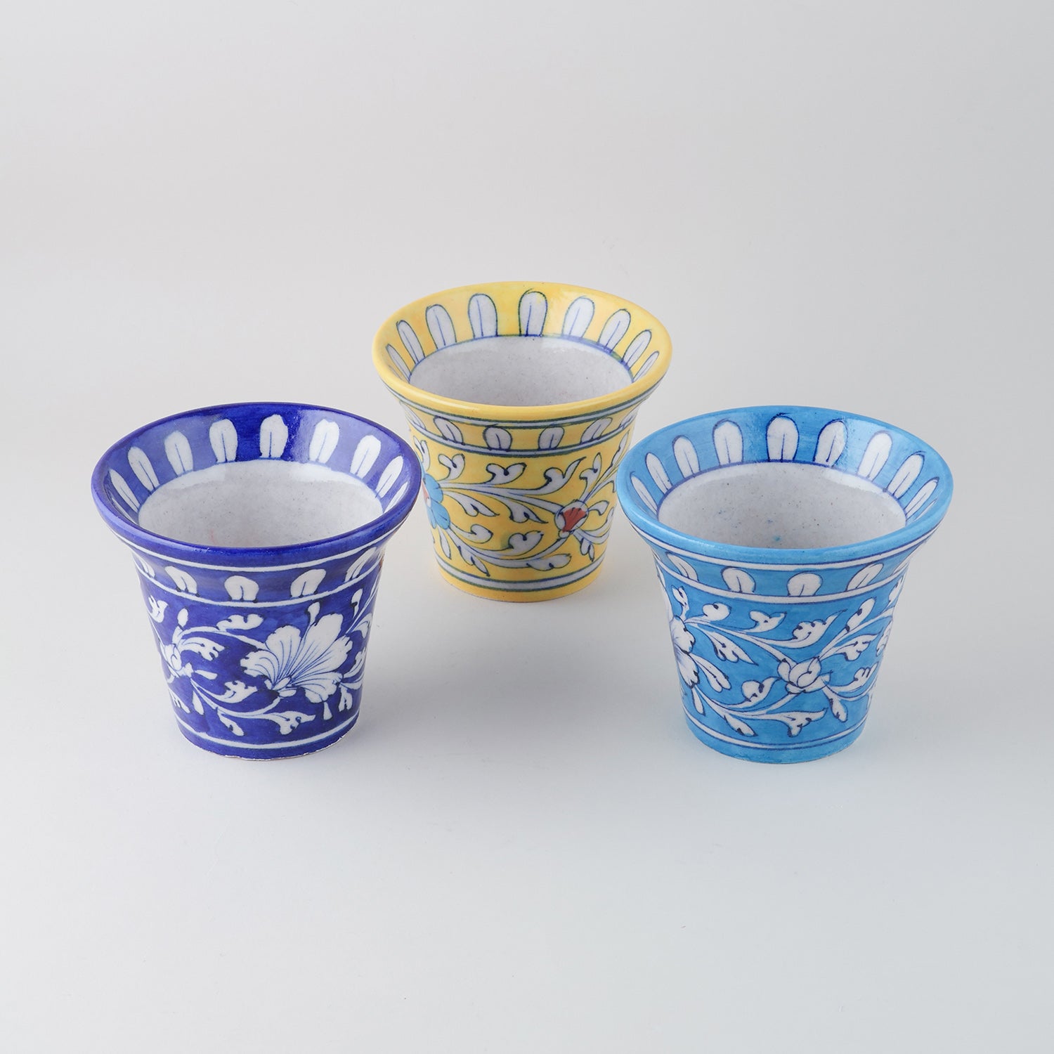 Set of 3 Blue Pottery Planters - Yellow, Indigo & Light Blue 4.5x3.75 Inches
