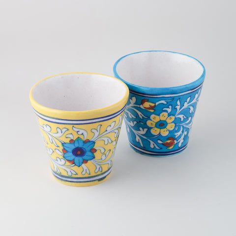 Set of 2 Conical Blue Pottery Planters - Yellow & Light Blue