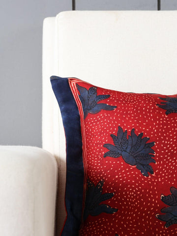 Ajrakh Modal Silk Cushion Cover Red & Indigo 12x12 - Eyaas