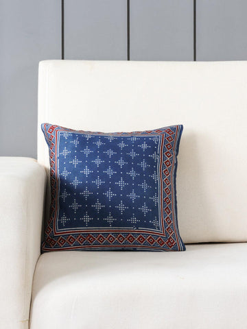 Ajrakh Cushion Cover Indigo, Madder & White, 12x12 - Eyaas