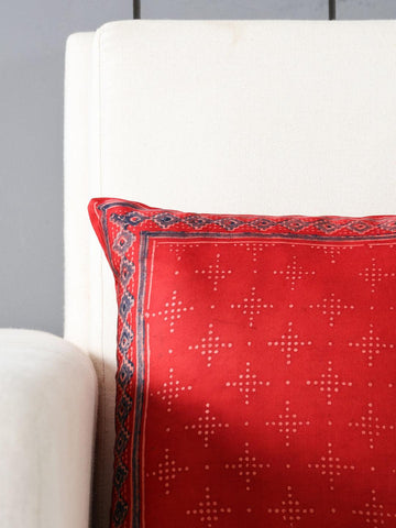Ajrakh Silk Cushion Cover Red Indigo Border - 12x12 - Eyaas