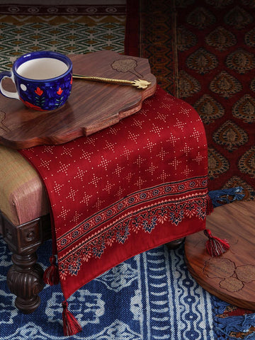 Ajrakh Printed Silk Table Runner, 13x60, Red & Indigo - Eyaas
