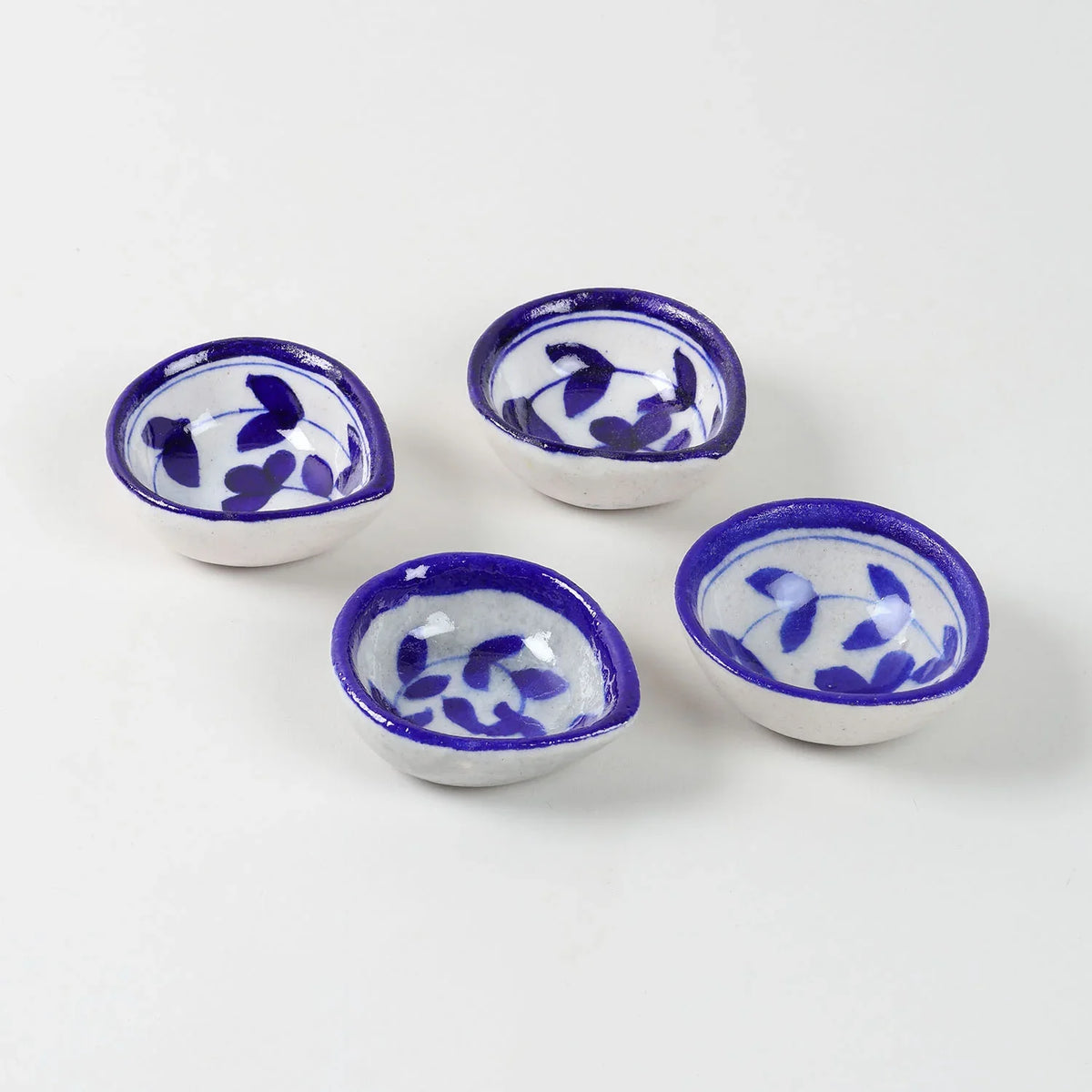 White & Indigo Vine Blue Pottery Diya Set of 4