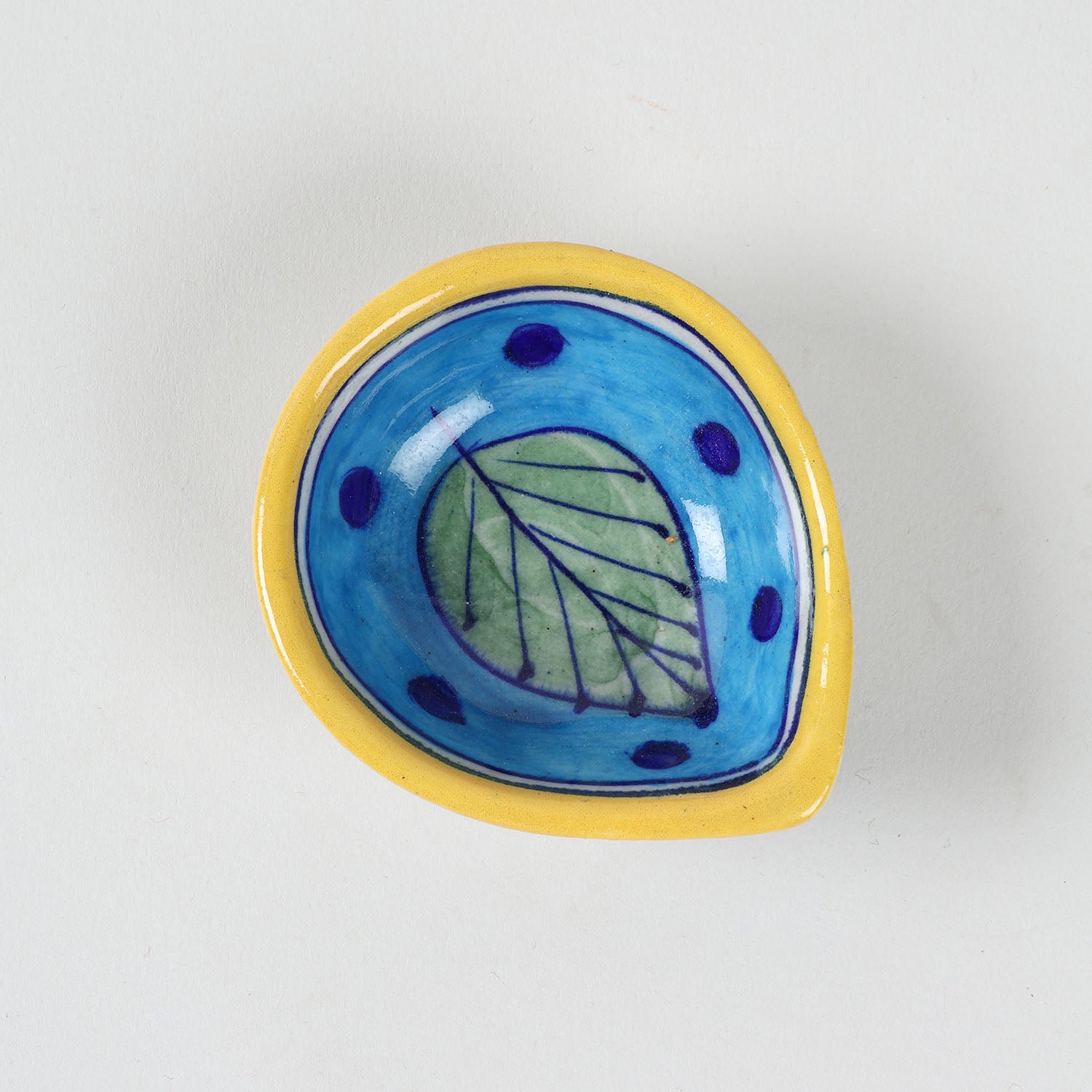 Green Leaf & Light Blue Pottery Ceramic Diya Set of 4