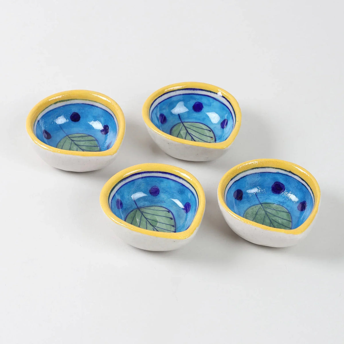 Green Leaf & Light Blue Pottery Ceramic Diya Set of 4