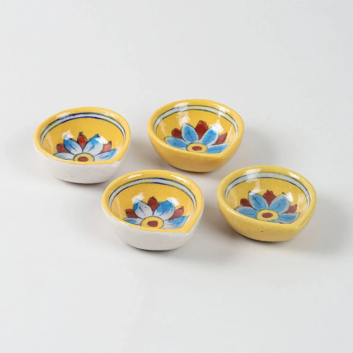 Floral Yellow & Brown Blue Pottery Diya Set of 4