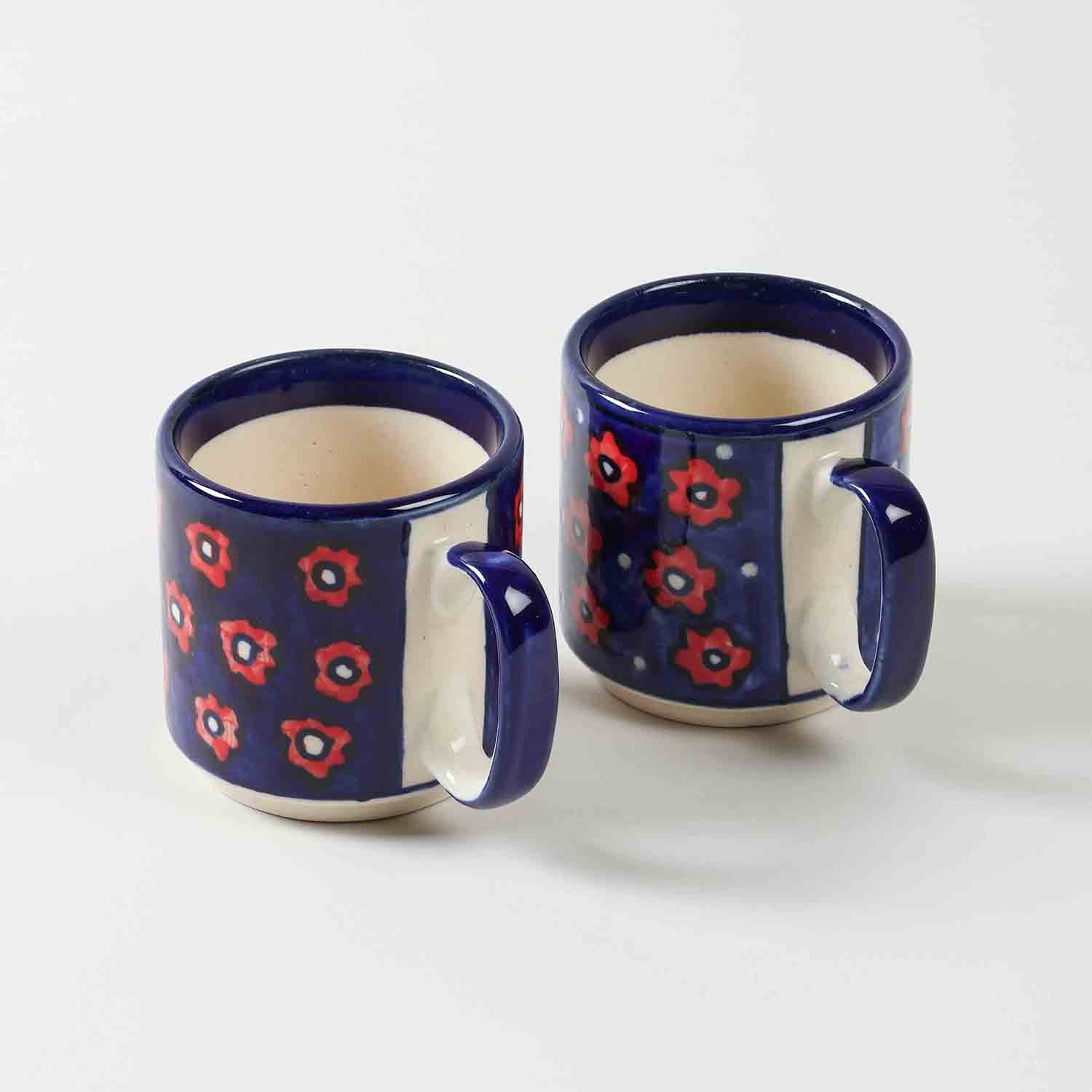 Small Floral Hand-painted Blue Ceramic Mug Gift  Pack of 2
