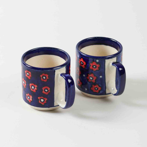 Small Floral Hand-painted Blue Ceramic Mug Gift  Pack of 2