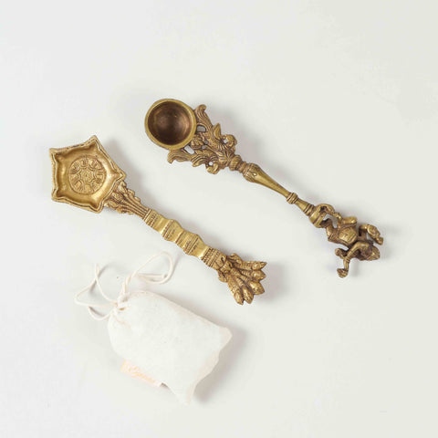 2 Brass Hawan Spoons with Kapoor Gift Pack of 3