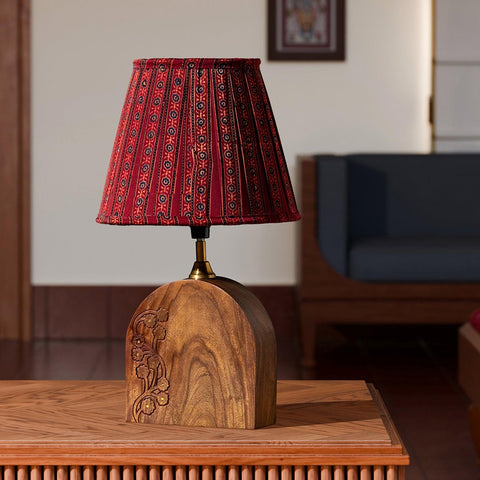 Red Ajrakh Silk Pleated Lamp Shade, 10 x 8 - Eyaas