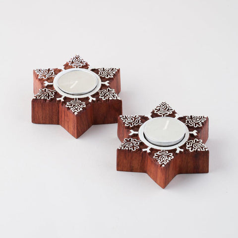 Snowflake Wooden Block Tea Light Holders Set of 2 - Eyaas