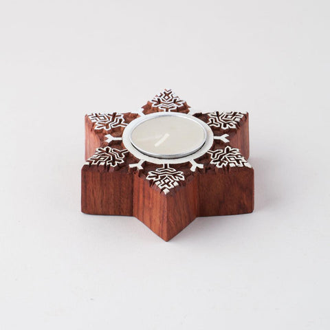 Snowflake Wooden Block Tea Light Holders Set of 2 - Eyaas