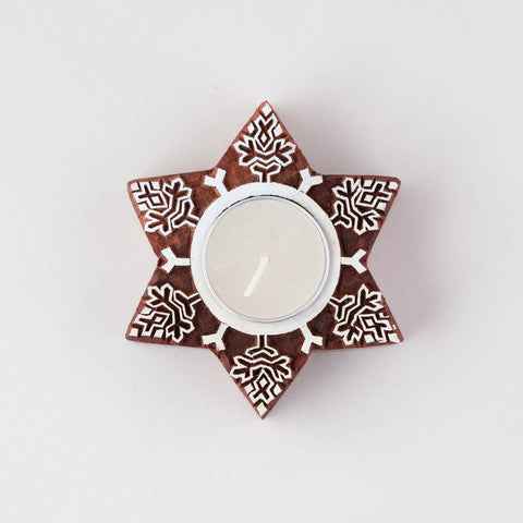 Snowflake Wooden Block Tea Light Holders Set of 2 - Eyaas