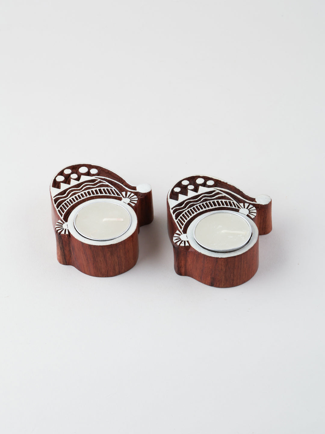 Elf Wooden Block Tea Light Holders Set of 2