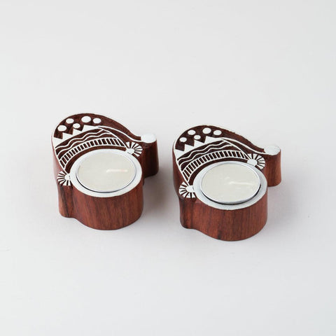 Elf Wooden Block Tea Light Holders Set of 2 - Eyaas