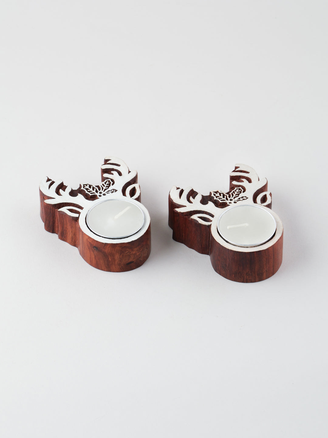 Reindeer Wooden Block Tea Light Holders Set of 2