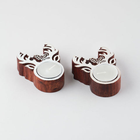Reindeer Wooden Block Tea Light Holders Set of 2 - Eyaas