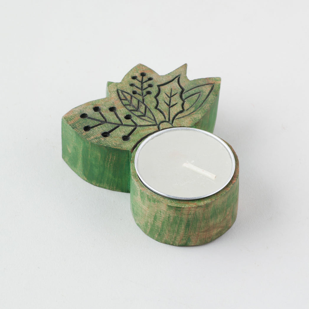 Hand Craved Wooden Christmas T-Light Holder - Set of 3